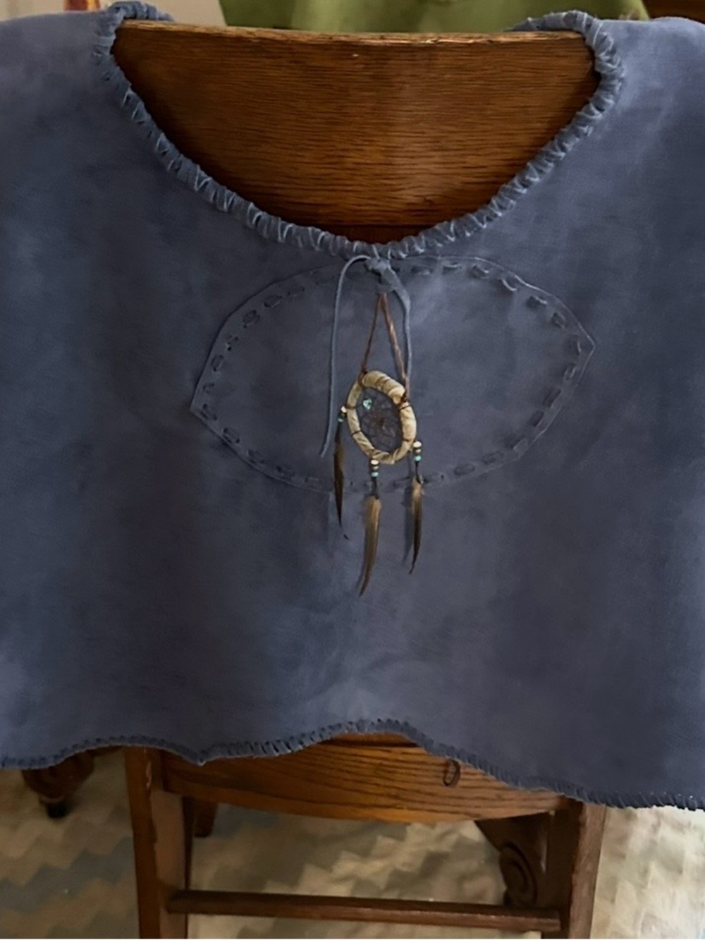 Hand Crafted by Redhawk Designs Blue Leather Poncho w/a dream catcher accent. - Picture 3 of 4